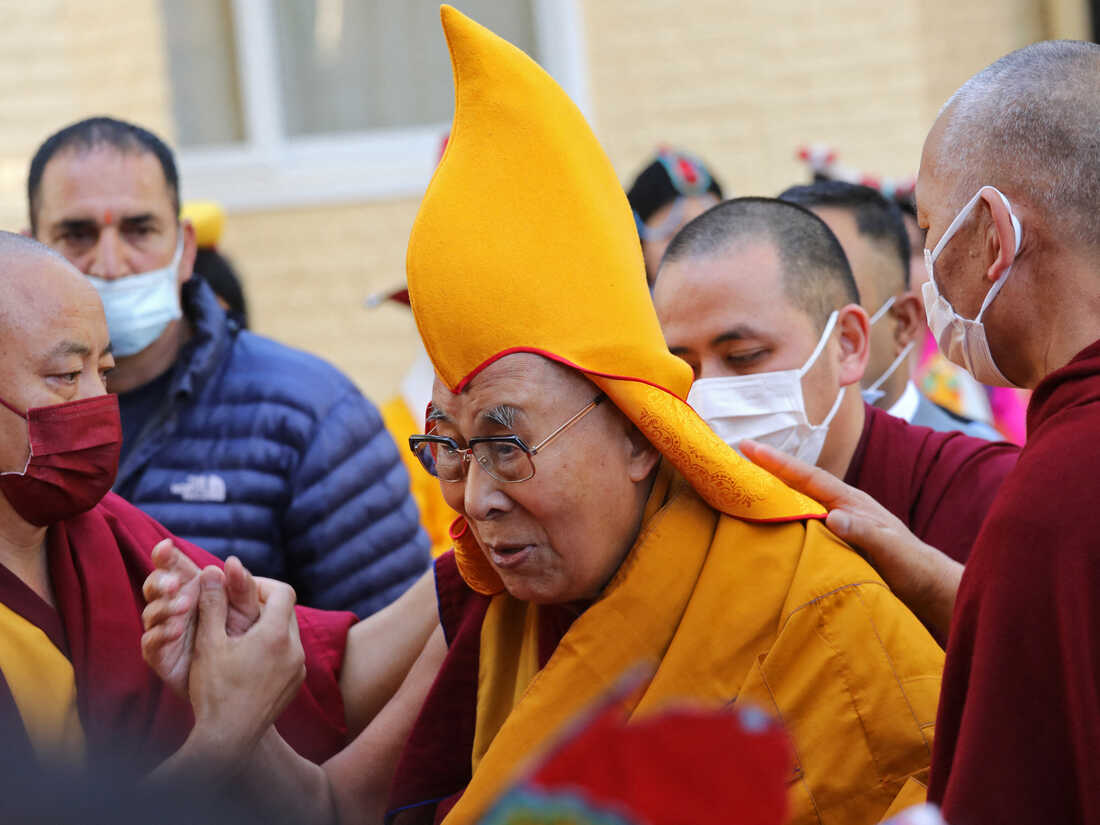 Tibetan spiritual leader Dalai Lama (C) arrives to attend a prayer at the Main Tibetan Temple in McLeod Ganj on April 5, 2023. (Photo by AFP) (Photo by -/AFP via Getty Images)
